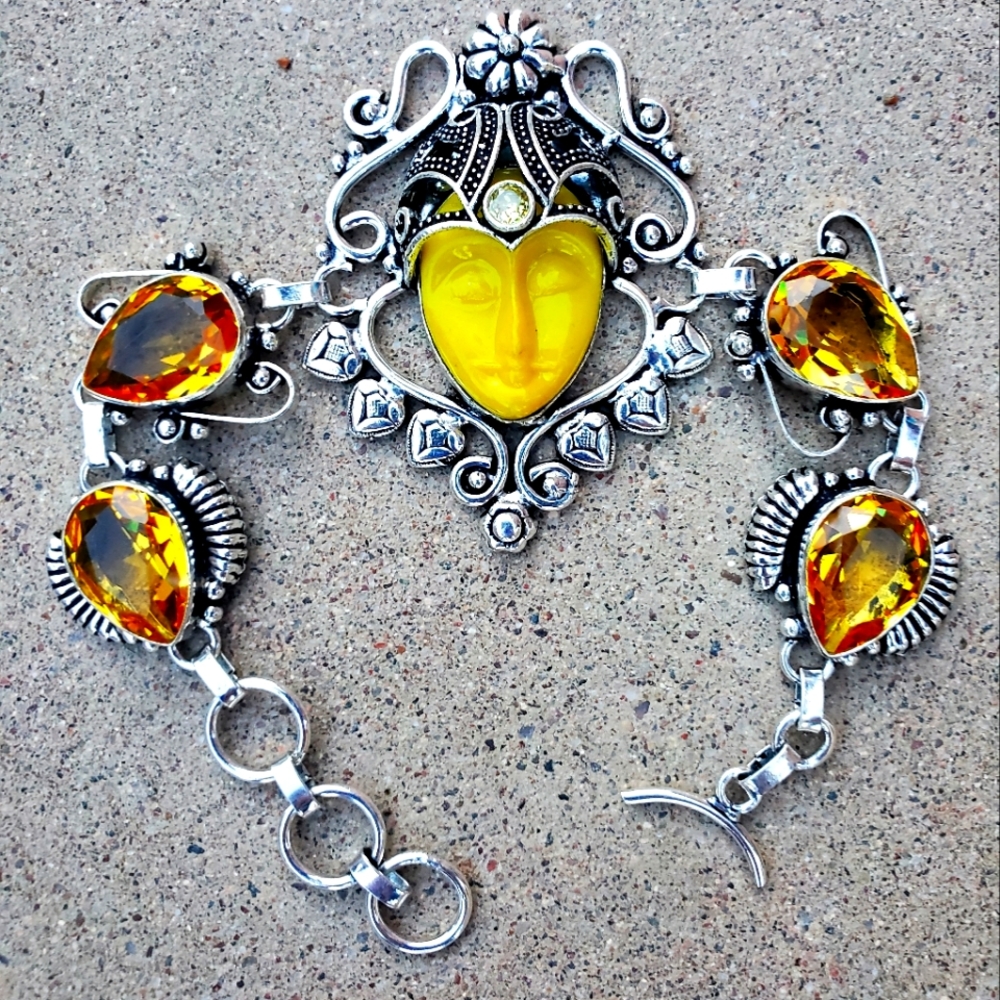 New Carved Goddess Face Citrine 925 Silver Bracelet.